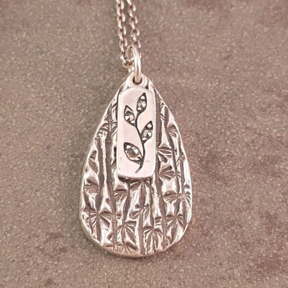 Sterling Silver Artisan Textured Tear Drop Marcasite Twig Tag Necklace - Picture 3 of 7